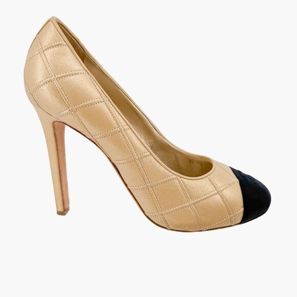Chanel CC Cap Toe Quilted Pumps EU 39C US 8-8.5 Gold Beige Leather Two Tone Heel - Picture 9 of 14